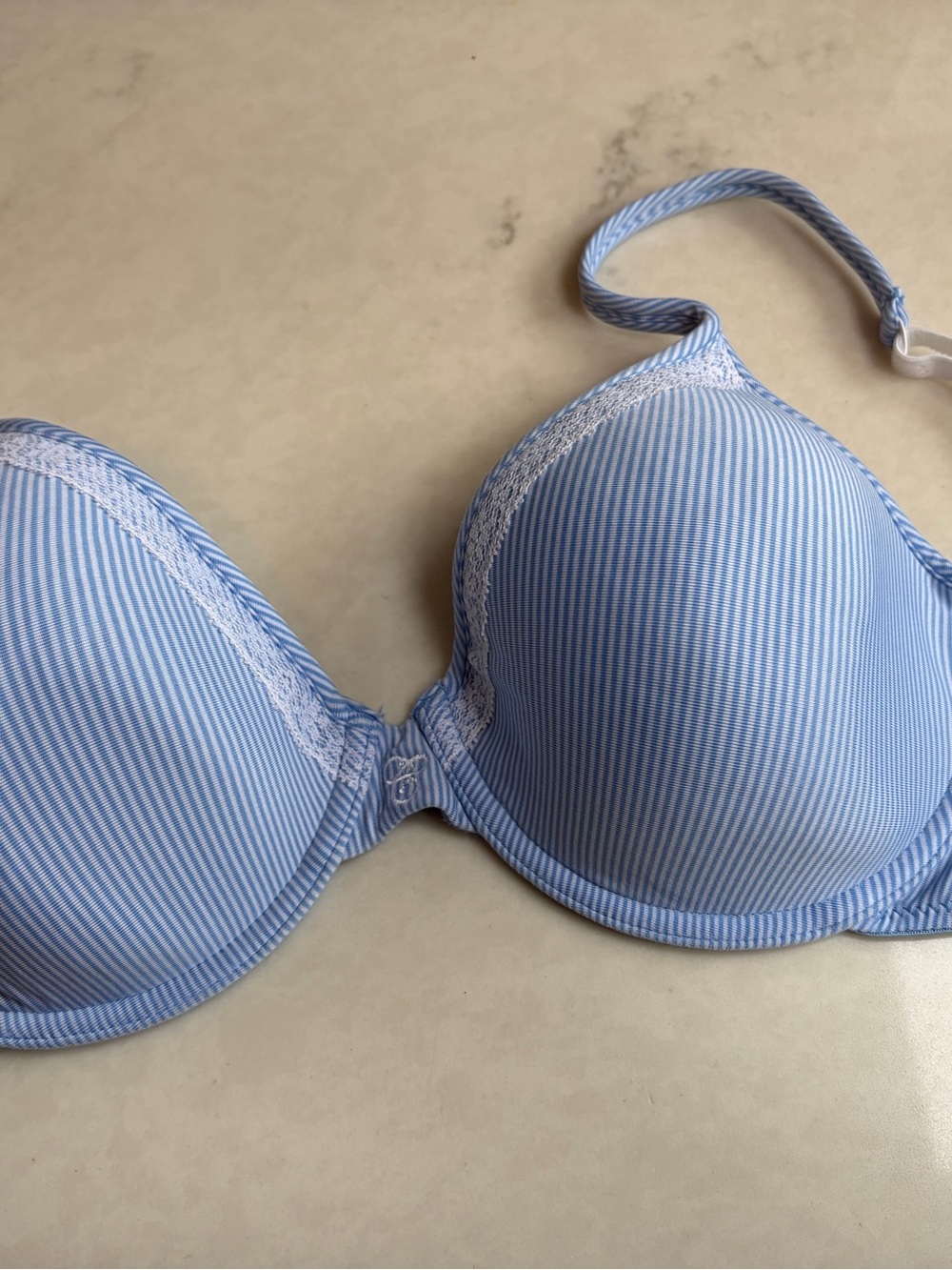 Chaps Light Blue Pinstripe T-Shirt Bra with Lace Accent